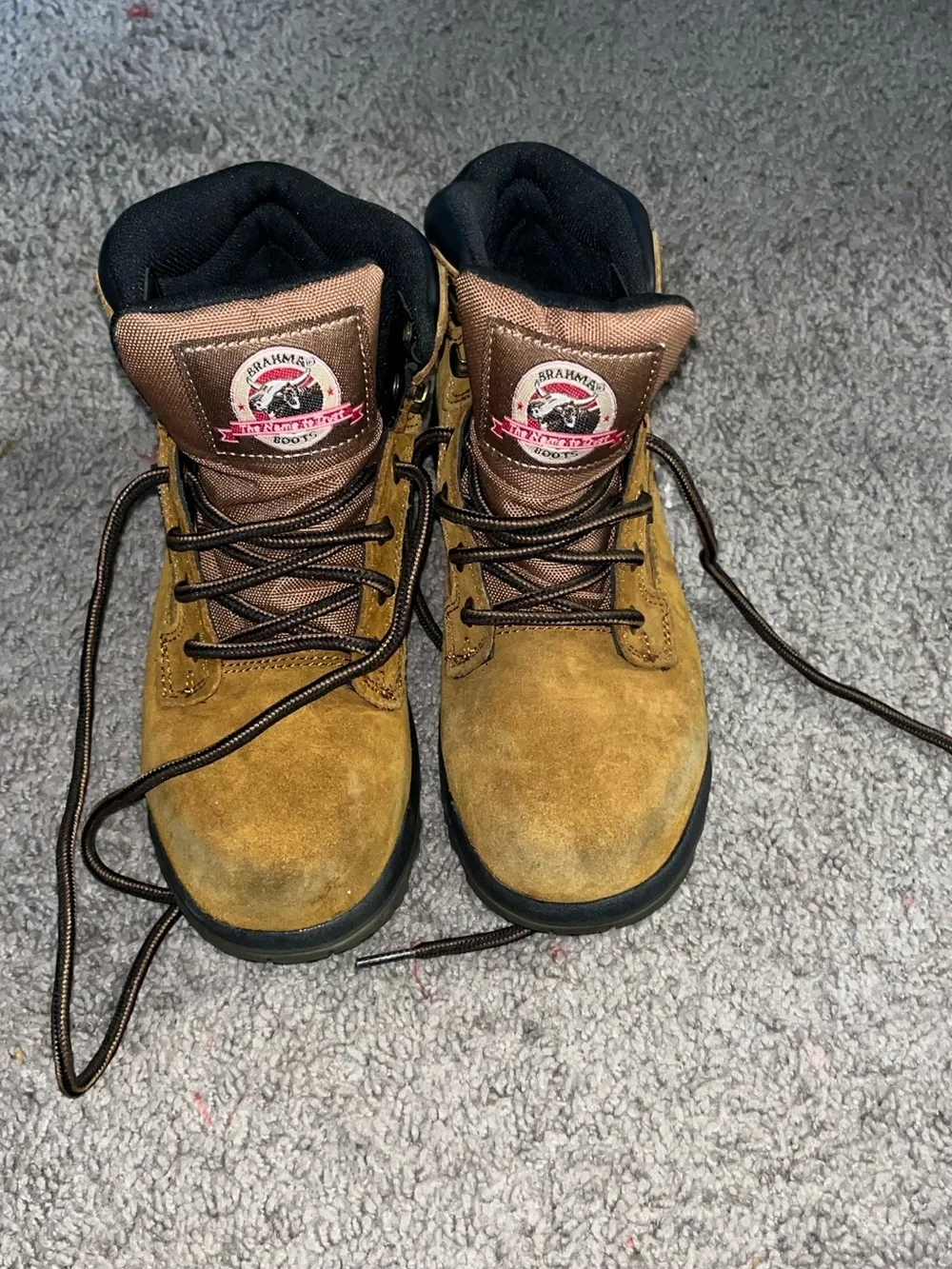 Brahma Kids Tan Suede Lace-Up Work Boots with Black Collar